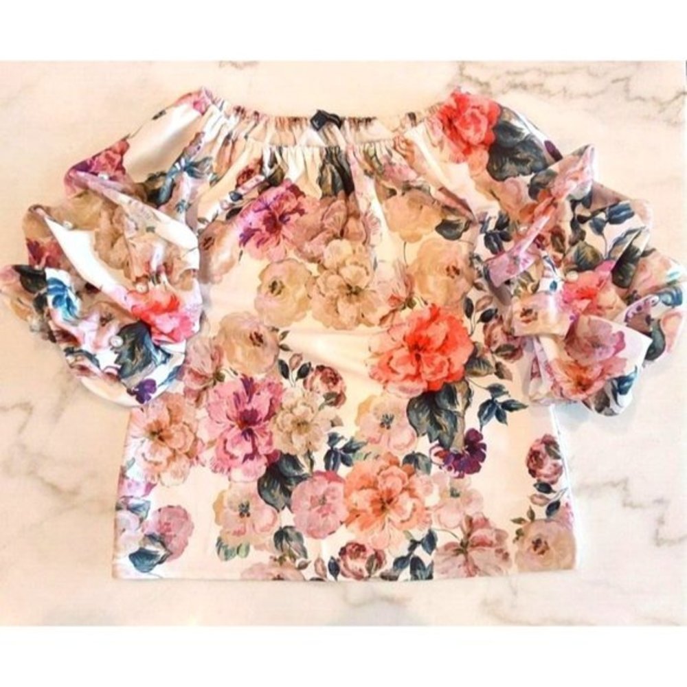 S Levine Women's Blouse Pearl Puff Sleeve Floral Cream Coral Size L - Picture 4 of 7